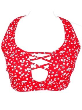 SHEIN Red & White Daisy Floral Boho Festival Strappy Cross Front Bikini Top 0XL